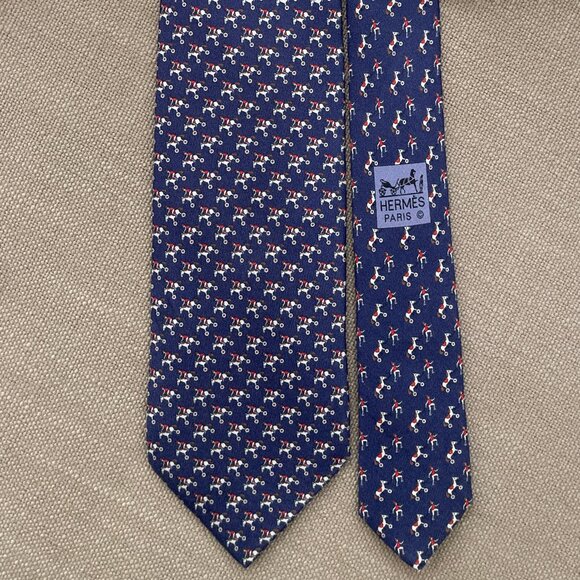 Horse Racing Light Navy Silk Tie - Roderick Charles MINT HERMES TIE ~ DARK NAVY BLUE w FUN BLUE RED ROCKING HORSE BICYLCE JOCKEYS XL